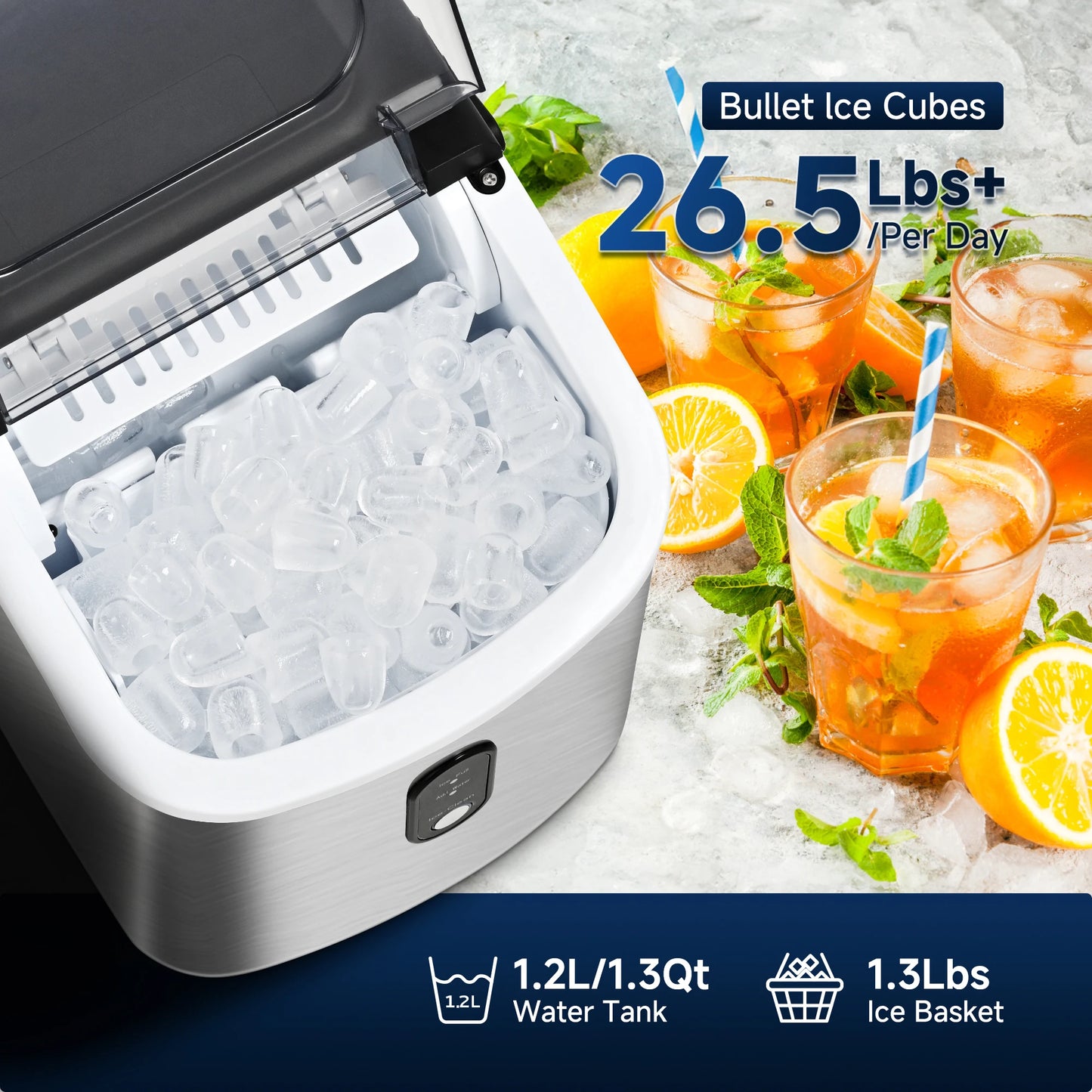 Portable Ice Maker Machine 26.5lbs/Day 9 Cubes in 6 Mins with Auto-Cleaning Basket and Scoop for Kitchen Office Party