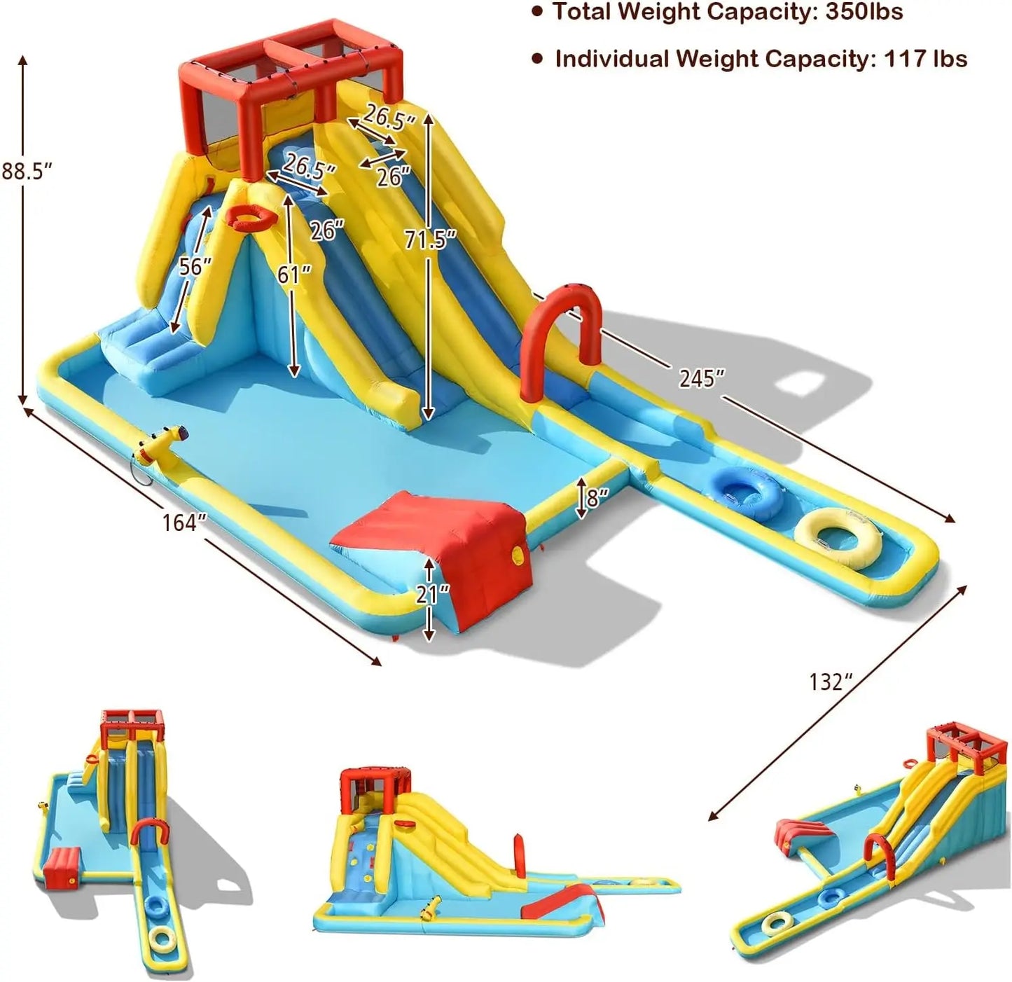 Inflatable Water Slide, Double Long Slides Giant Water Park Waterslide Inflatables with Climbing Wall & Splashing Pools, Outdoor