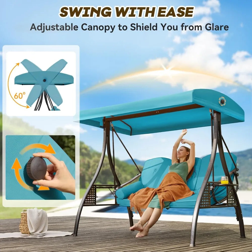 3 in 1 Outdoor Porch Swing with Adjustable Canopy, 3 Seat Outdoor Swing for Adults, Patio Swing Chair with Thickened Cushions