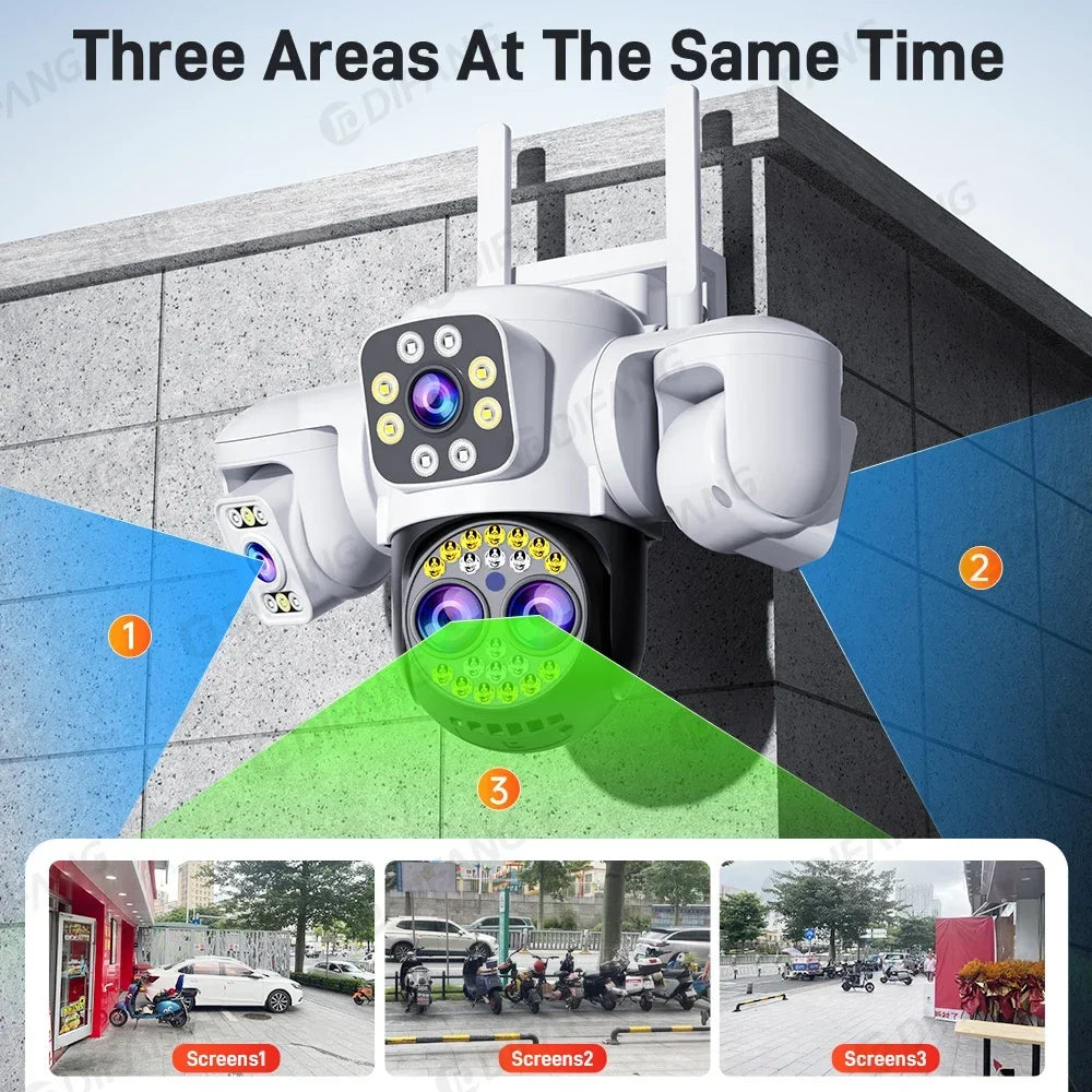 16MP WiFi IP Camera Four Lens Three Screen 360° PTZ CCTV Auto Tracking Wireless Surveillance Security Camera Outdoor