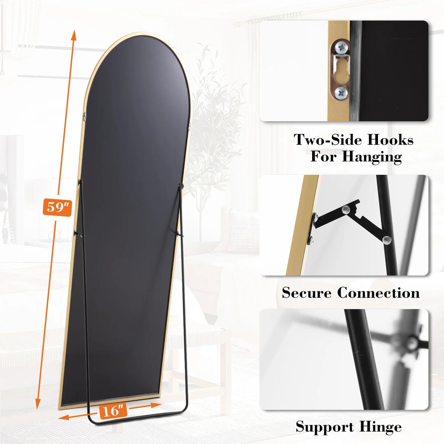 Full Length Arched Right Angle Mirror with Stand for Living Room, Sturdy Aluminum Alloy Frame, Bedroom Furniture, 59 "x 16"