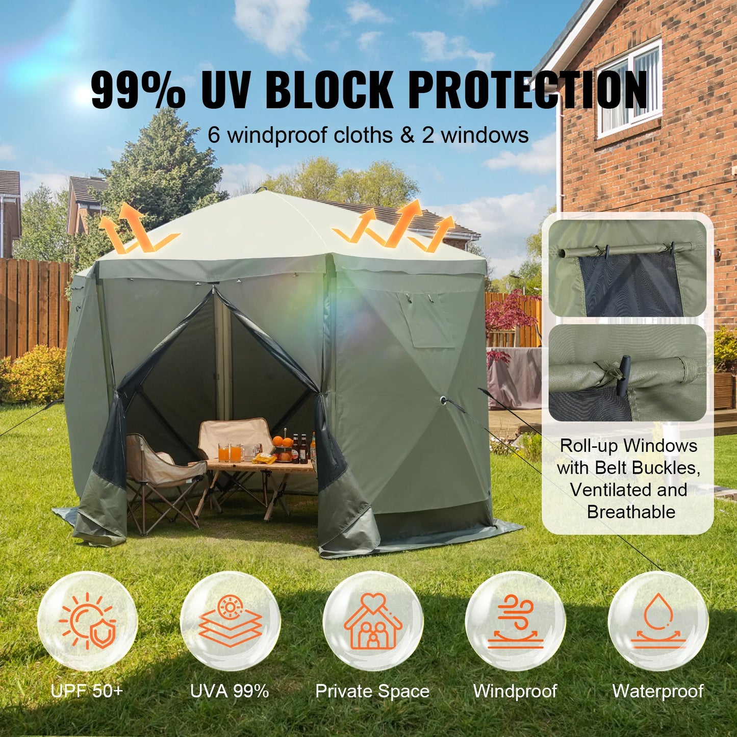 Pop Up Gazebo Tent Pop-Up Screen Tent 6 Sided Canopy Sun Shelter with 6 Removable Privacy Wind Cloths & Mesh Windows