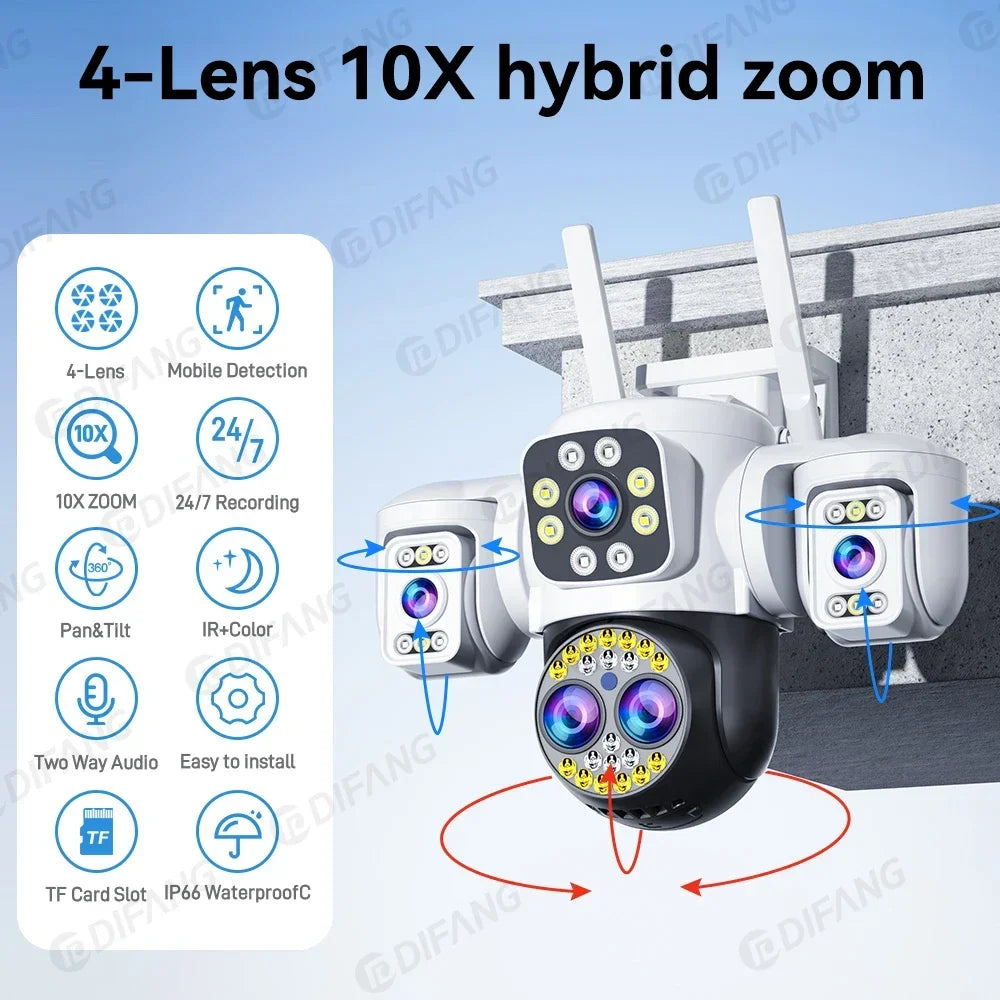 16MP WiFi IP Camera Four Lens Three Screen 360° PTZ CCTV Auto Tracking Wireless Surveillance Security Camera Outdoor
