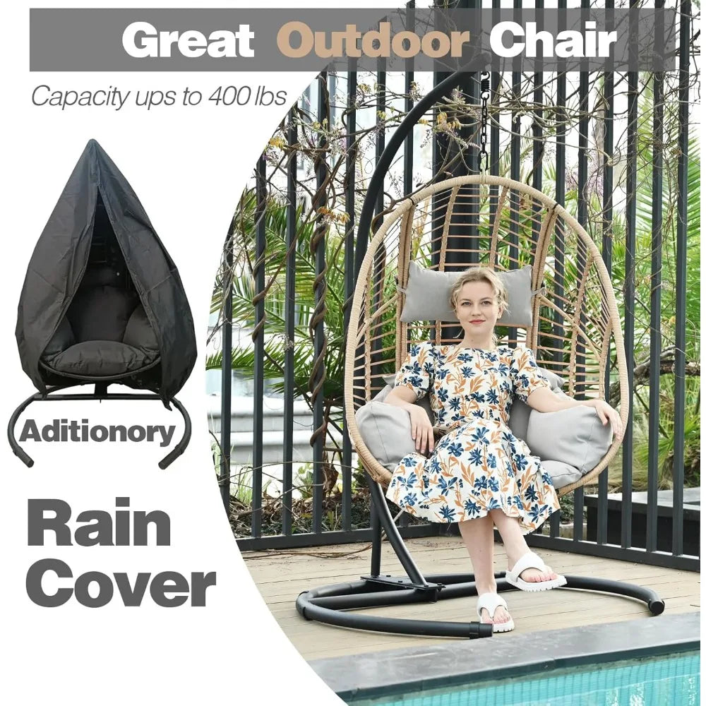Oversized Hanging Egg Chair Outdoor Wicker Swing Chair with Stand Rain Cover UV Resistant Cushion 400lbs Capacity for Patio