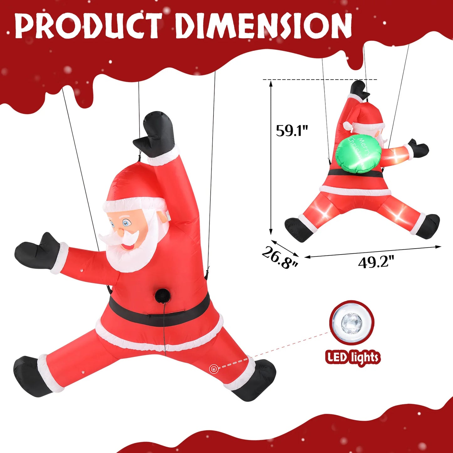 4.9 FT Lighted Christmas Inflatable Decoration, Inflatable Hanging Santa Claus with Gift Bag, Funny Blow Up Yard Decorations