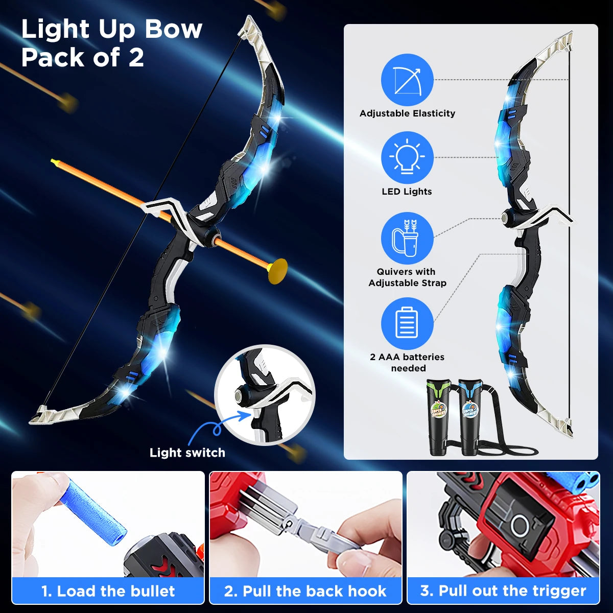 2X Bow Arrow + Guns Toy For Kids LED Light Up Archery with Suction Cup Stand Target Dart Board Indoor Outdoor Game Toys