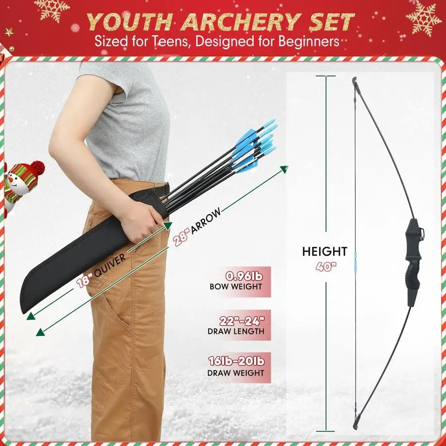 Youth Bow and Arrow Set for Kids Teens Ambidextrous Recurve Archery Gear with Safety Arrows Toys for Ages 8 -13, Backyard