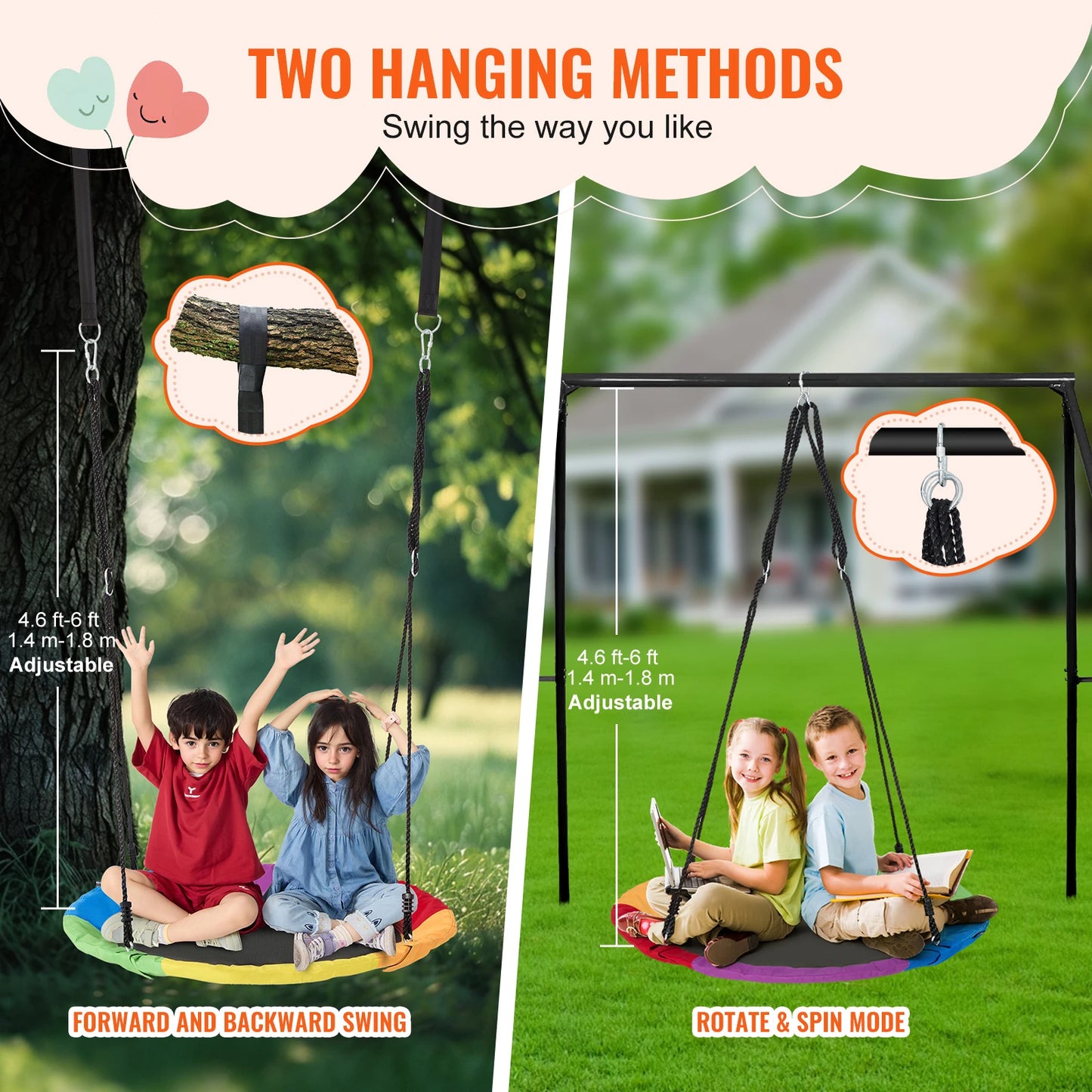 Tree Swing Saucer Swing 750lbs Swing Seat 2 Tree Hanging Straps Adjustable Multi-Strand Ropes Round Swing Kids Outdoor