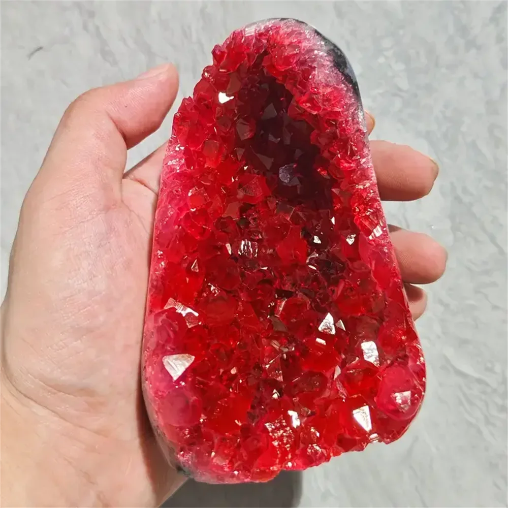 1pc Rare Red Geode Crystal Cluster On Display Base-Mineral Specimen for Home& Office Decor, Geology Enthusiast Gift
