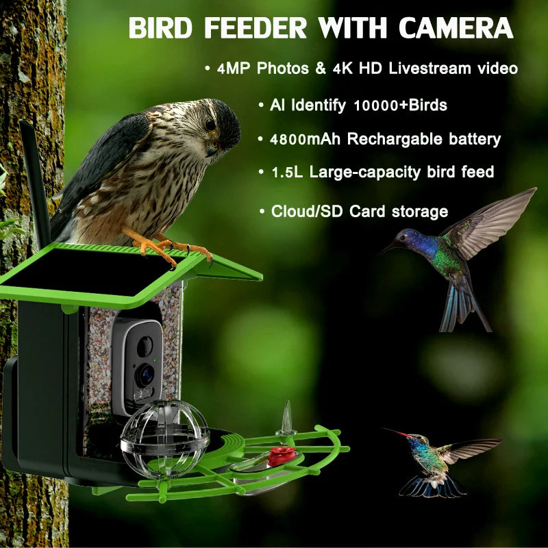 Bird Feeder Camera 4MP 2K HD Bird Video Capture WiFi Solar Powered Camera Battery with Solar Panel, Instant Alerts, Birdwatching