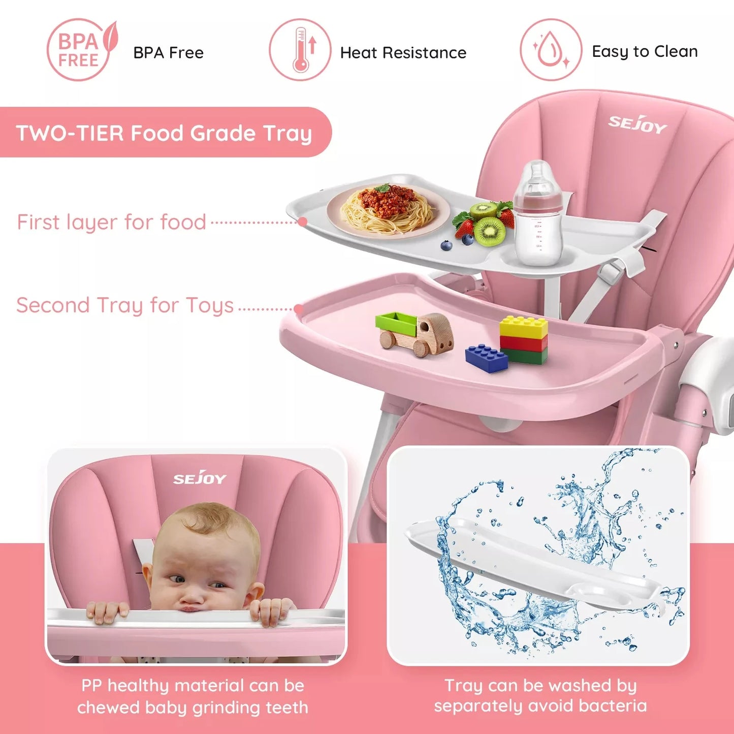 Baby High Chair Foldable Highchair Adjustable Backrest Double Removable Tray Detachable PU Leather Cushion High Chair