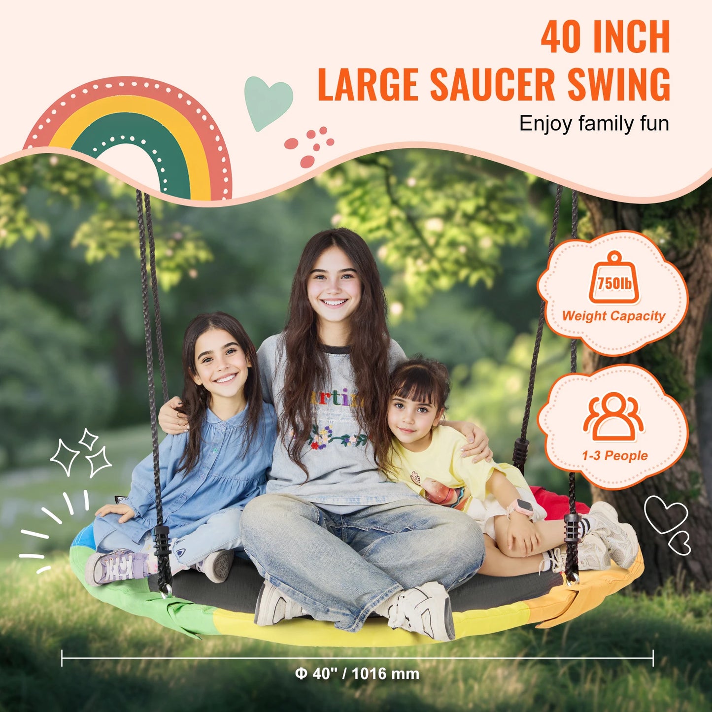 Tree Swing Saucer Swing 750lbs Swing Seat 2 Tree Hanging Straps Adjustable Multi-Strand Ropes Round Swing Kids Outdoor