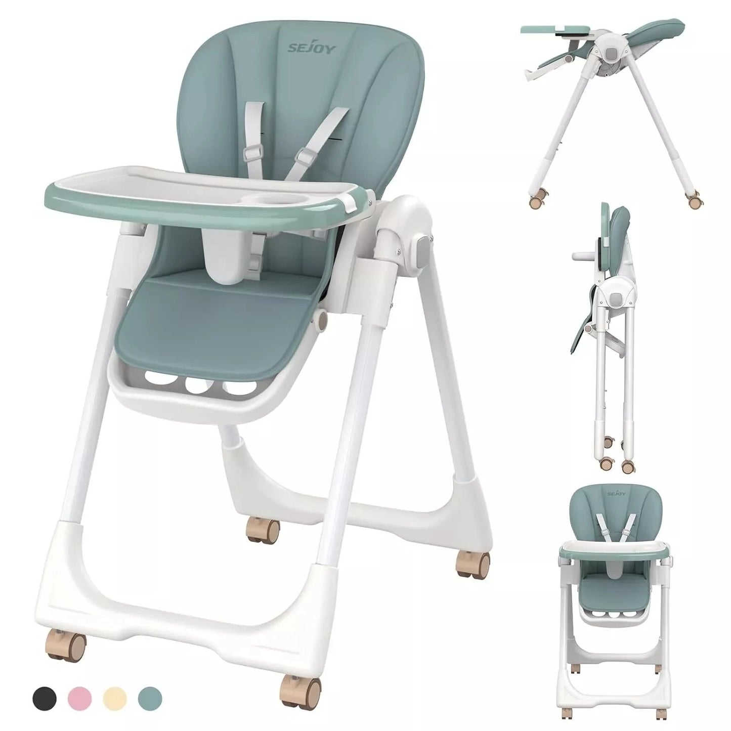 Baby High Chair Foldable Highchair Adjustable Backrest Double Removable Tray Detachable PU Leather Cushion High Chair