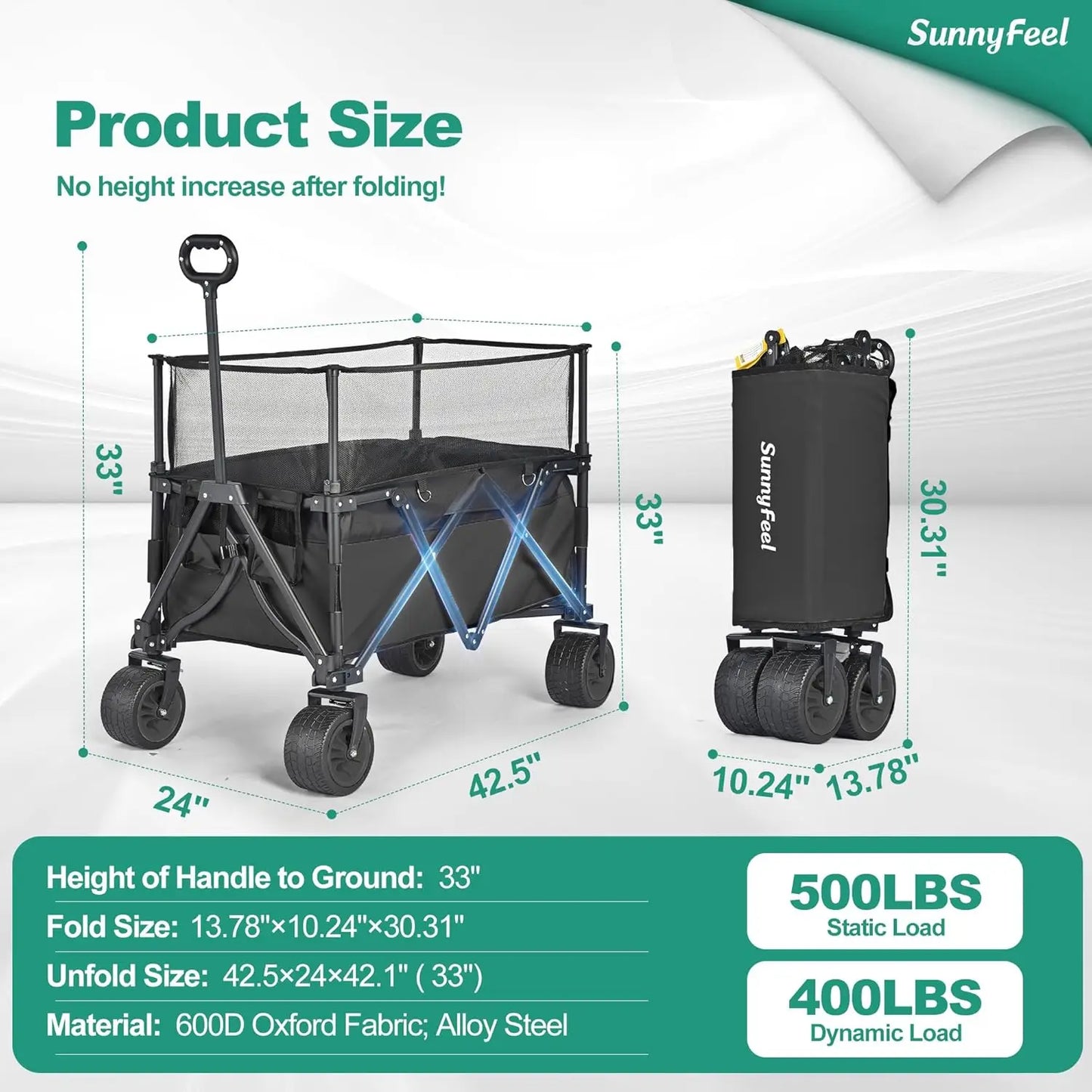Heavy Duty Collapsible Outdoor Utility Wagon Cart 500LB Capacity Adjustable Handlebar,Foldable Beach Wheels