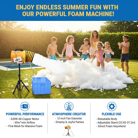 6m/20ft Rotatable Spray Pool Foam Machine for Party High Efficient 65m³/Min Adjustable Height 24-37in Heavy Duty 60L Capacity