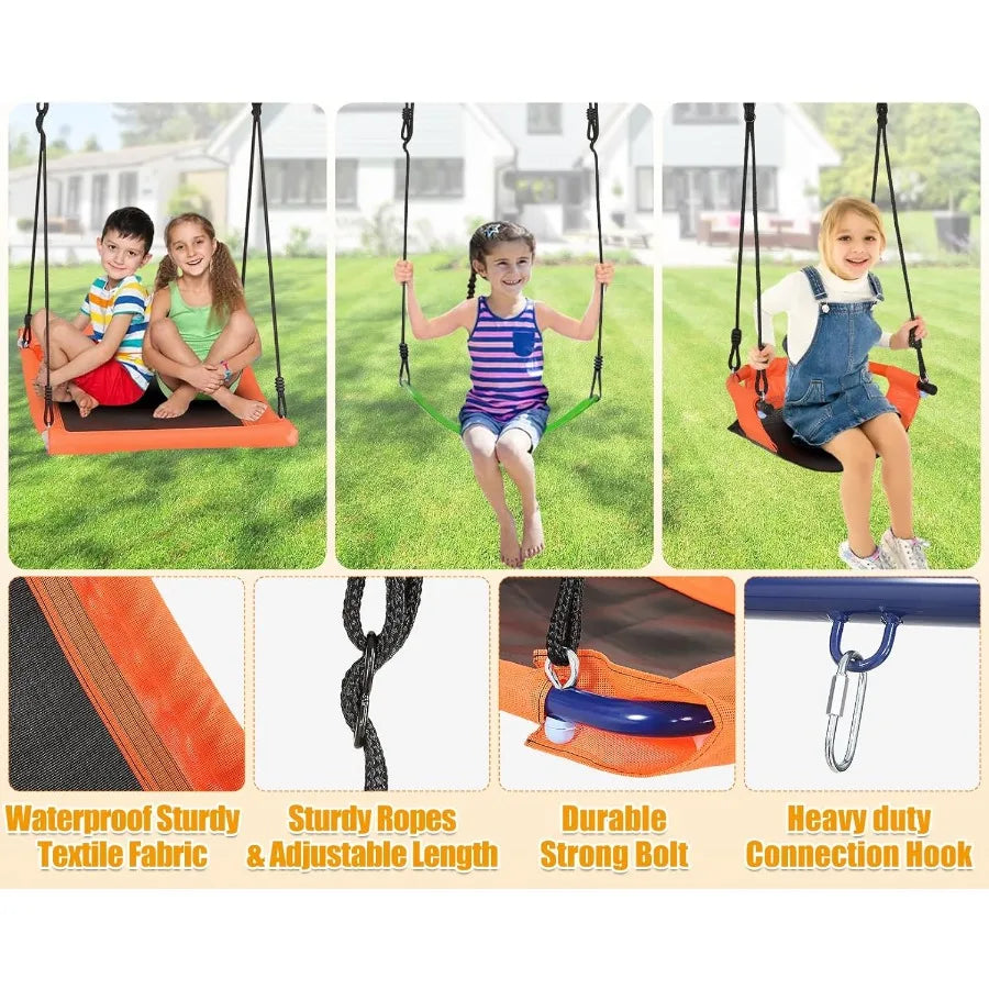Outdoor 6 in 1 Multifunction Swing Set for Backyard Heavy Duty Metal Frame with 3 Adjustable Swings Climbing Ladder and Net Bas