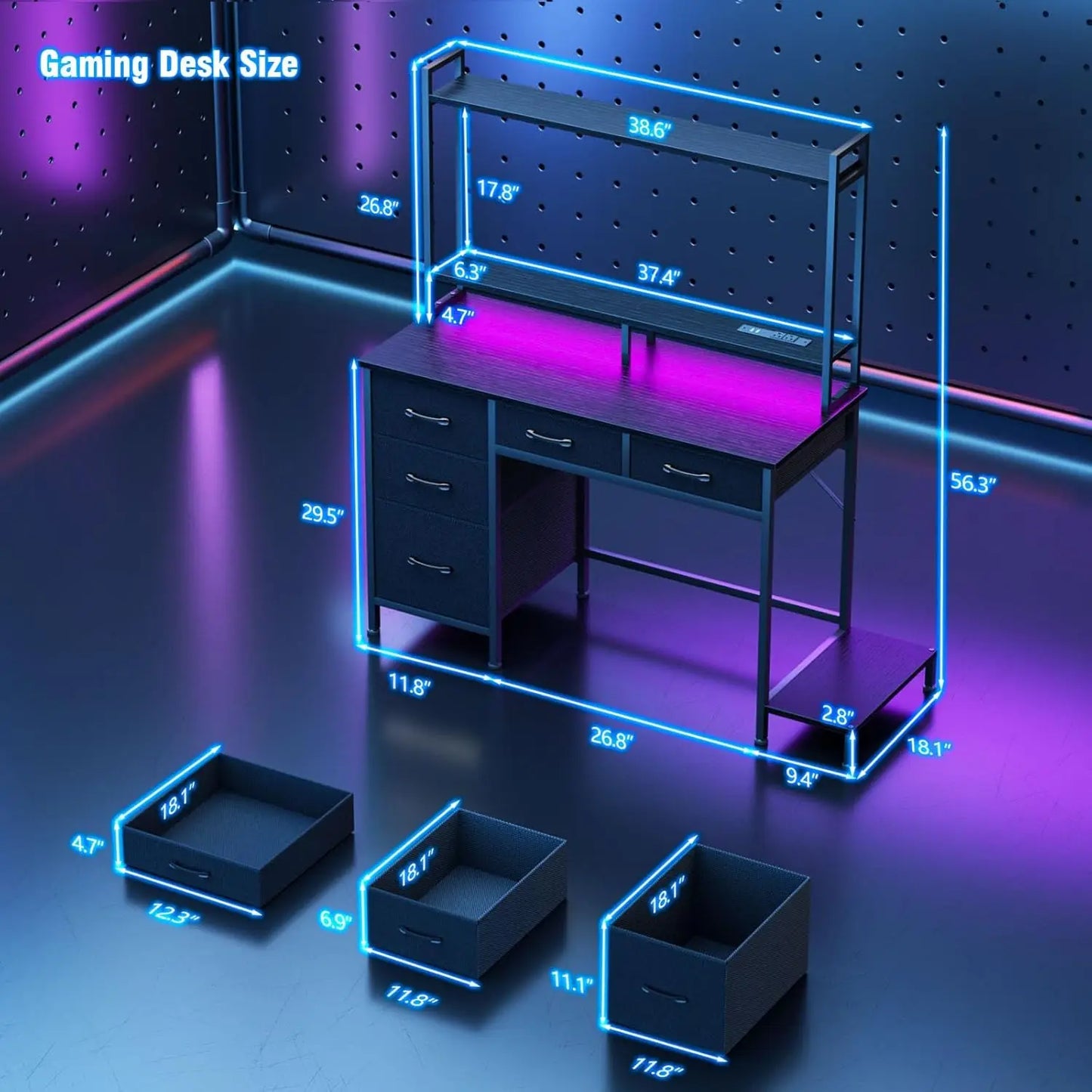 Computer Gaming Desk with Hutch, Home Office Desk with Power Outlets, LED Light, 5 Storage Drawers, 2 Tiers Shelves for Display