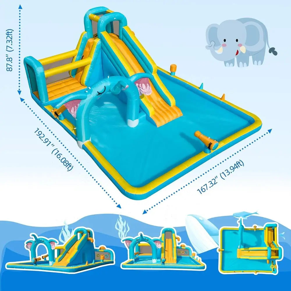 Iatable Water Slide for Kids, Elephant Theme Water Park Backyard Summer with Large Pool &Long Slides, Iatable Bounce House, Clim