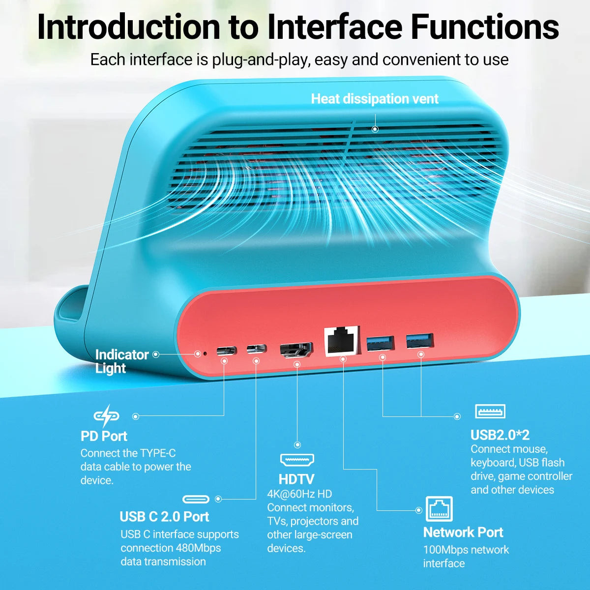 Cute New Style 6in1 Multifunction Nintendo Switch Dock with 4K HDMI Cooling Fans for Nintendo Switch/Switch OLED