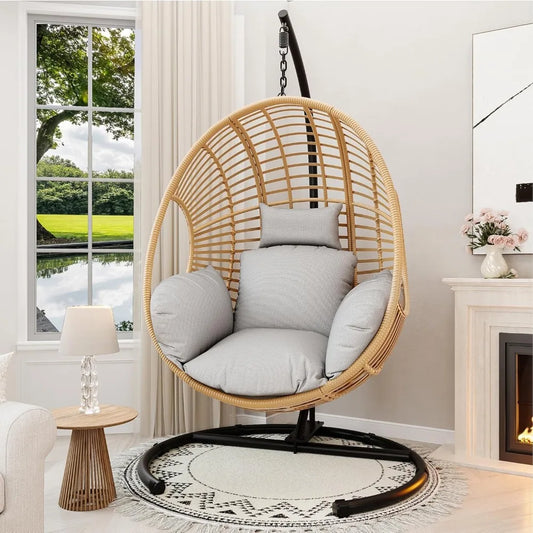 Oversized Hanging Egg Chair Outdoor Wicker Swing Chair with Stand Rain Cover UV Resistant Cushion 400lbs Capacity for Patio