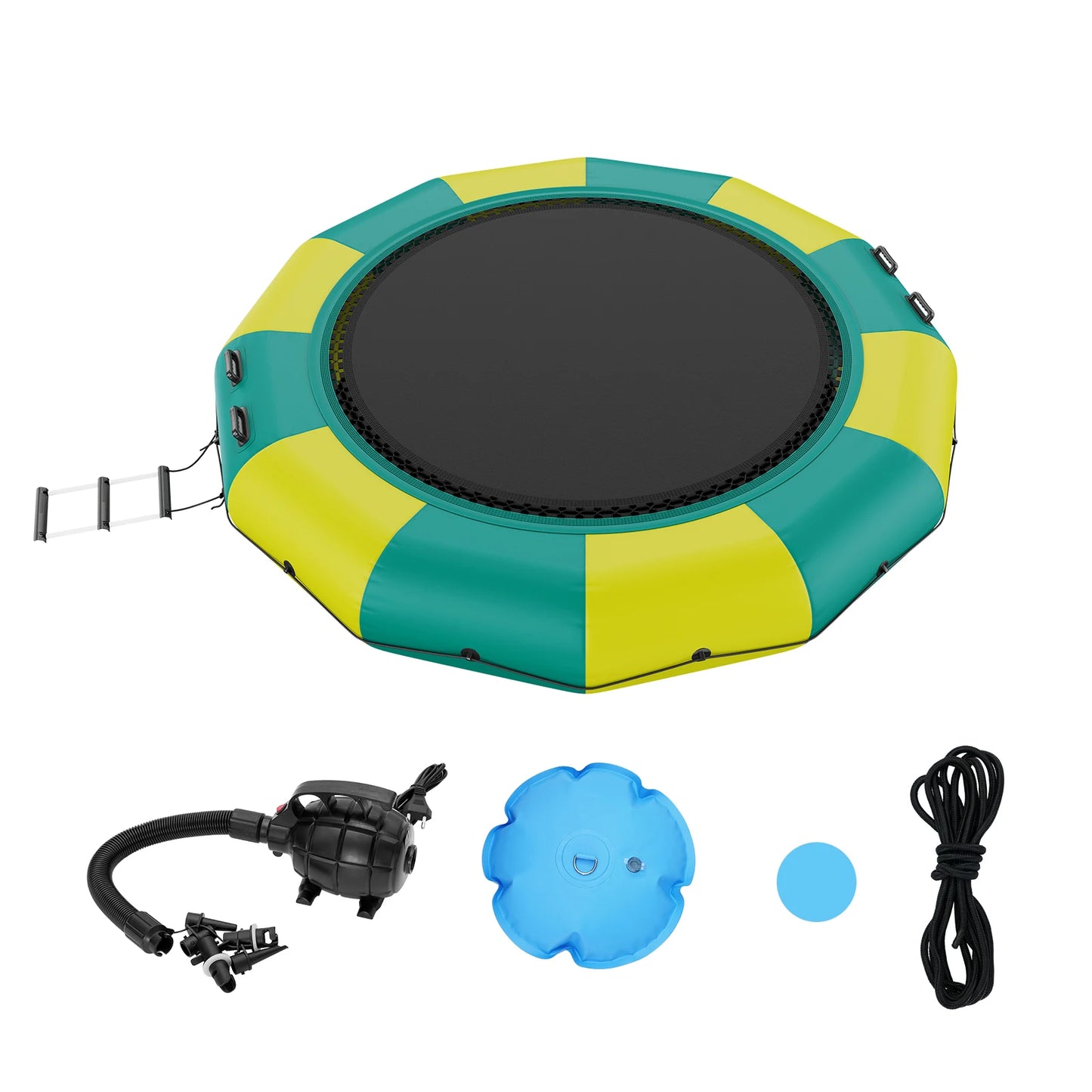 12ft Inflatable Water Bouncer Recreational Water Trampoline Portable Bounce Swim Platform with Slide 3-Step Ladder