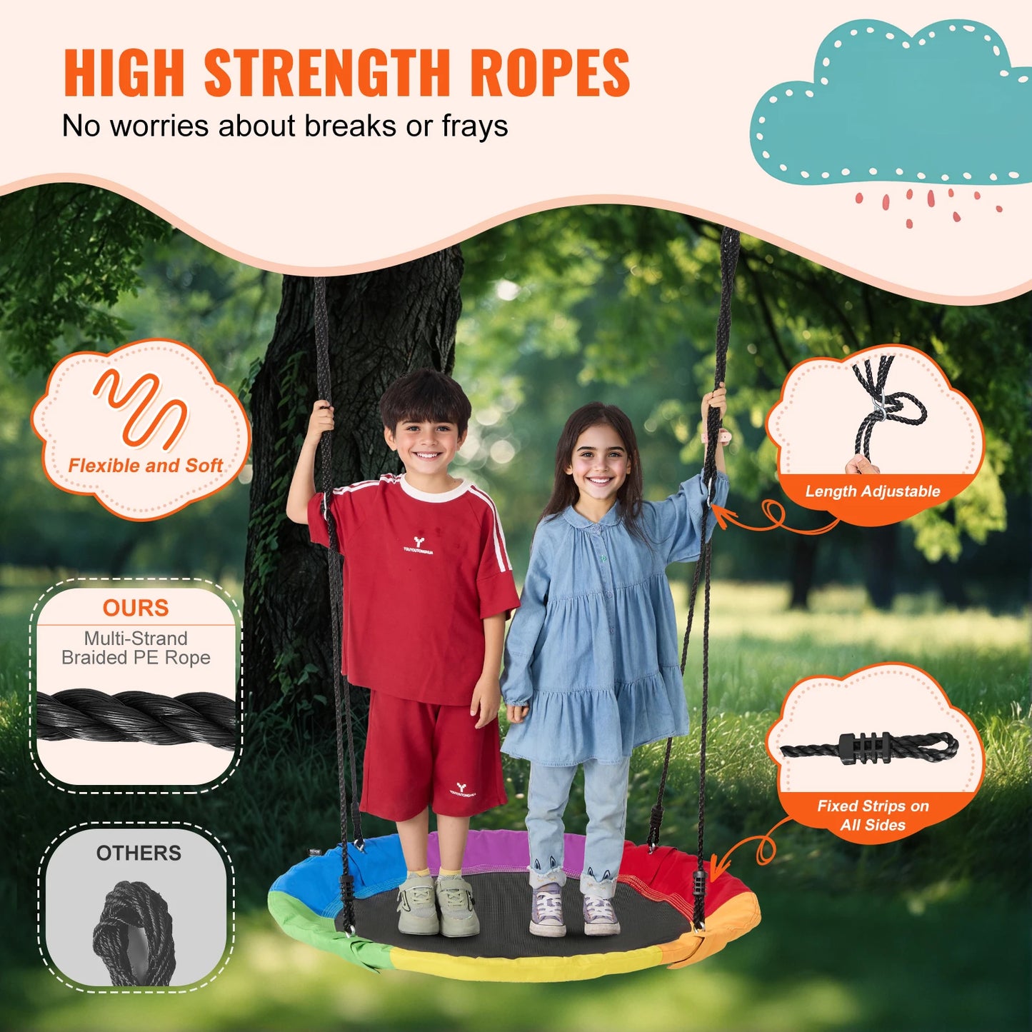 Tree Swing Saucer Swing 750lbs Swing Seat 2 Tree Hanging Straps Adjustable Multi-Strand Ropes Round Swing Kids Outdoor