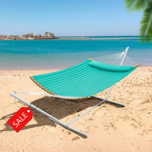 Hammock with Stand, 2 Person Heavy Duty Hammock with Padded Cotton, Detachable Pillow & Strong Curved-Bar & Portable CarryingBag