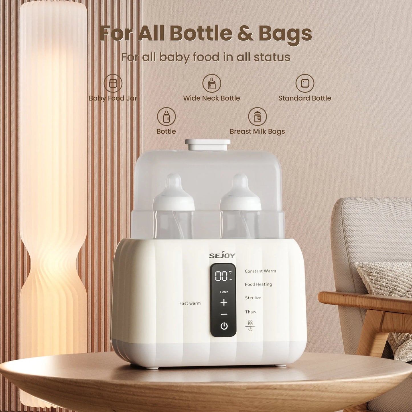 Sejoy Bottle Warmer For Baby,6-in-1 Fast Baby Milk Warmer with LCD Display,Double Bottle Warmer,Steam Sterilizer,24H Temperature