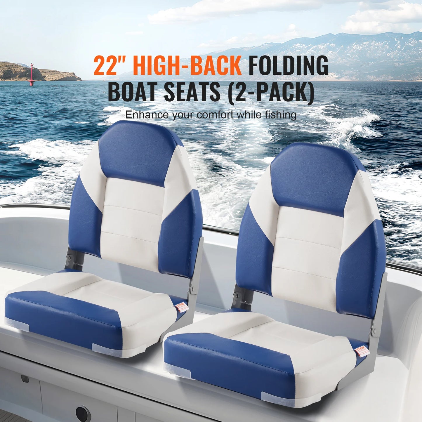 Boat Seats 21.85" High Back Boat Seat Folding Boat Chair Fold-Down Boat Captain Chairs for Fishing Boat, Canoe, 2-Pack