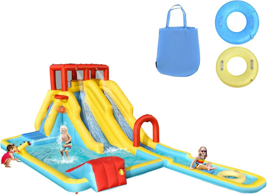 Inflatable Water Slide, Double Long Slides Giant Water Park Waterslide Inflatables with Climbing Wall & Splashing Pools, Outdoor