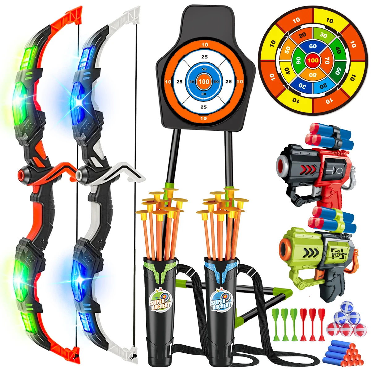 2X Bow Arrow + Guns Toy For Kids LED Light Up Archery with Suction Cup Stand Target Dart Board Indoor Outdoor Game Toys