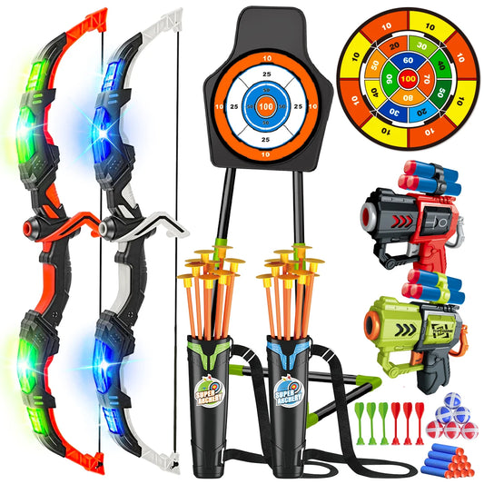 2X Bow Arrow + Guns Toy For Kids LED Light Up Archery with Suction Cup Stand Target Dart Board Indoor Outdoor Game Toys