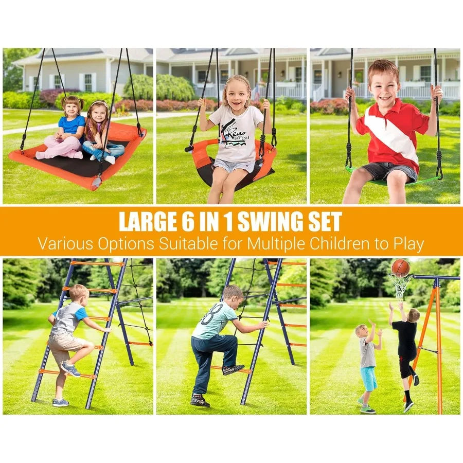 Outdoor 6 in 1 Multifunction Swing Set for Backyard Heavy Duty Metal Frame with 3 Adjustable Swings Climbing Ladder and Net Bas