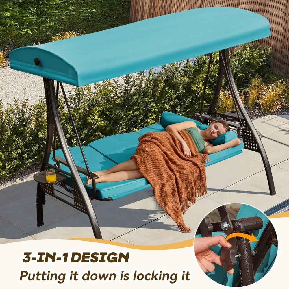 3 in 1 Outdoor Porch Swing with Adjustable Canopy, 3 Seat Outdoor Swing for Adults, Patio Swing Chair with Thickened Cushions