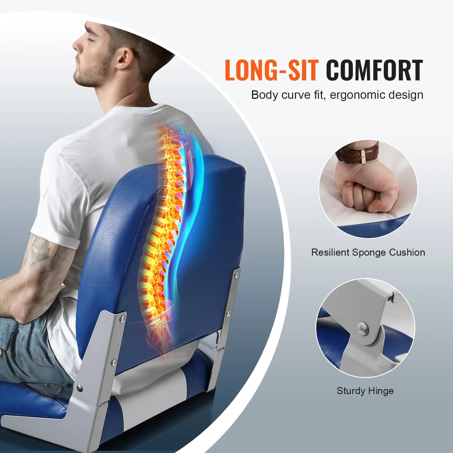 Boat Seat 18.9" Low Back Boat Seat Folding Chair with Thickened Sponge Padding and Hinge Fold-Down Boat Captain Chair