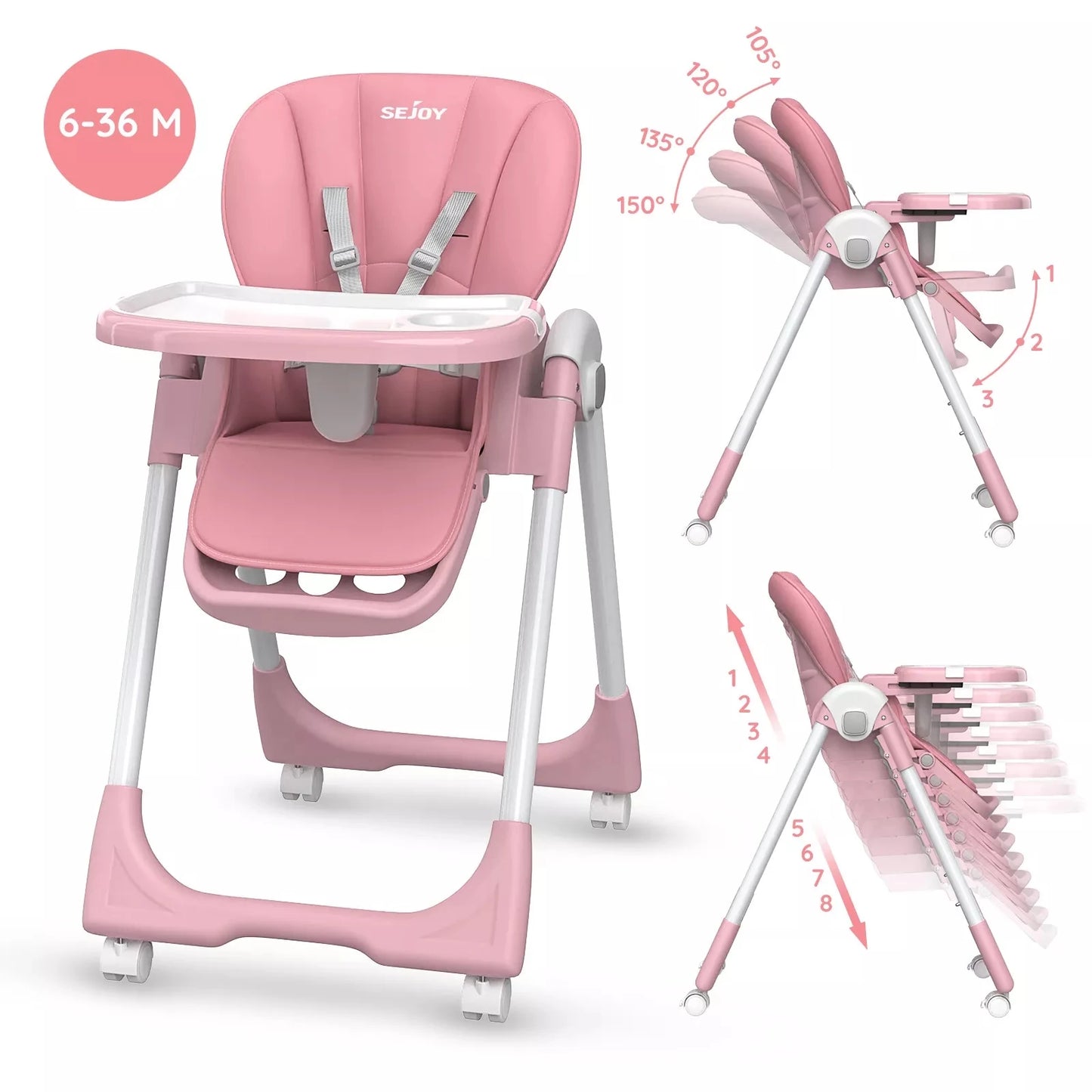 Baby High Chair Foldable Highchair Adjustable Backrest Double Removable Tray Detachable PU Leather Cushion High Chair