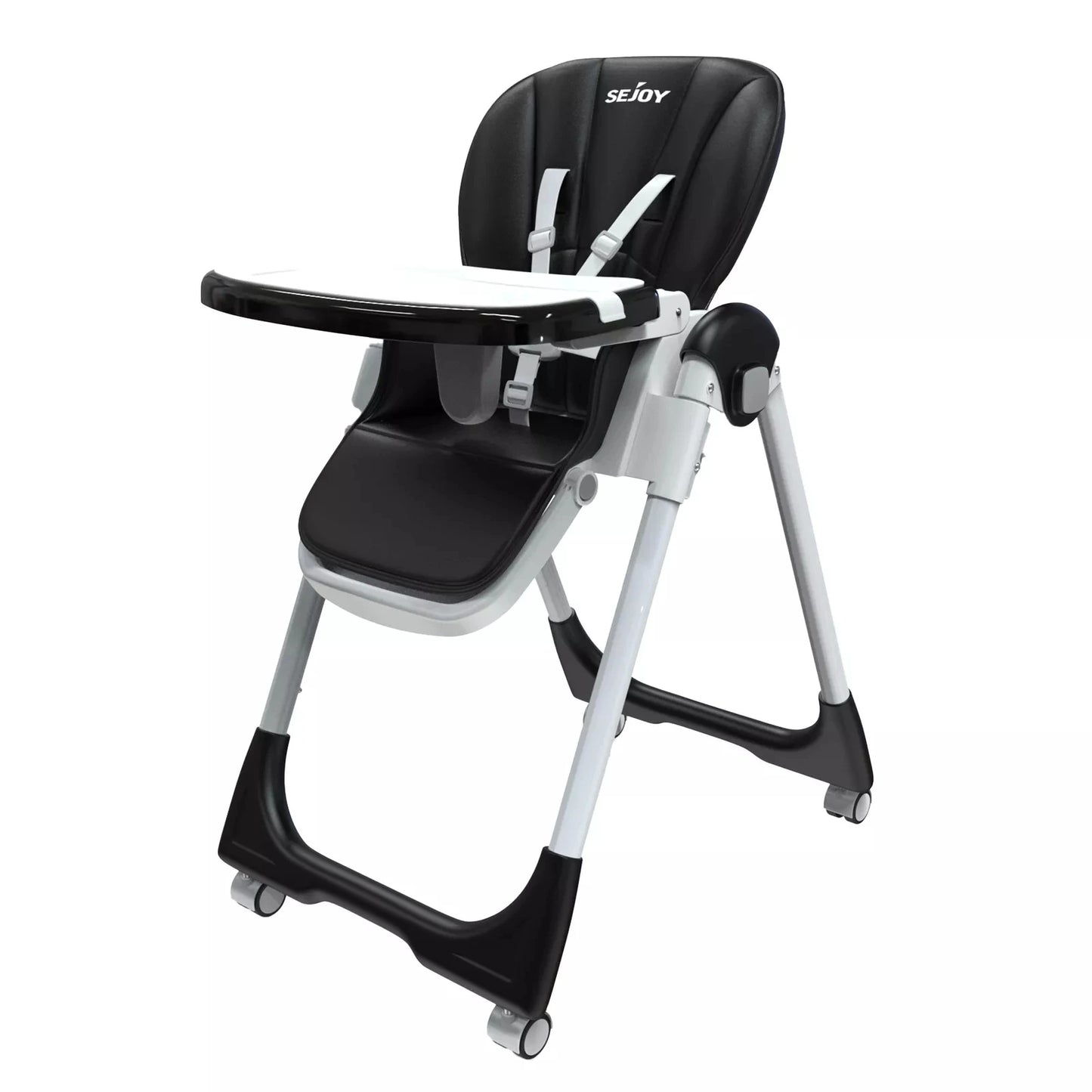 Baby High Chair Foldable Highchair Adjustable Backrest Double Removable Tray Detachable PU Leather Cushion High Chair
