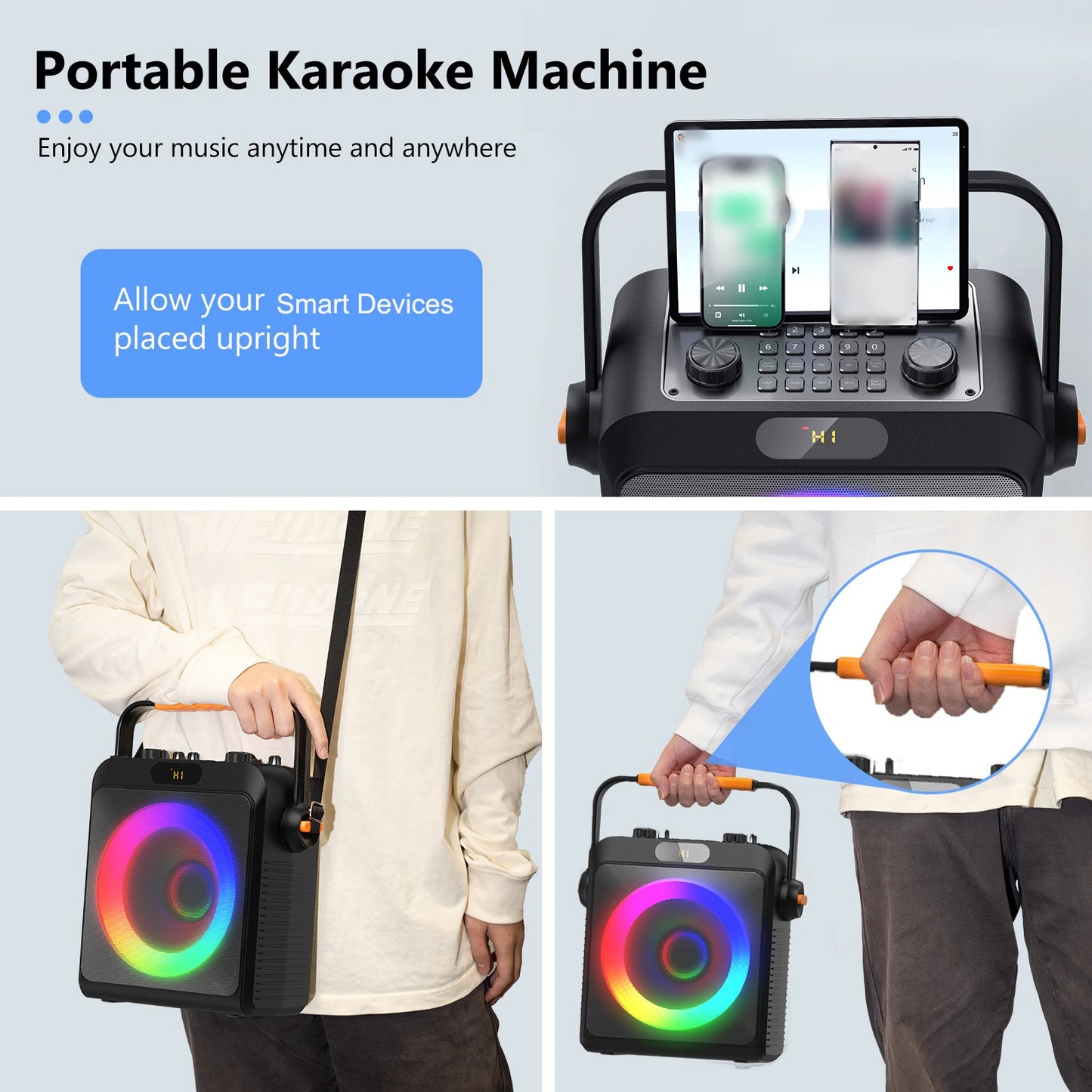 2 Wireless Microphones T19-T Karaoke Machine | Black Karaoke Speaker With Treble/Bass Adjustment, Wireless Speaker PA System