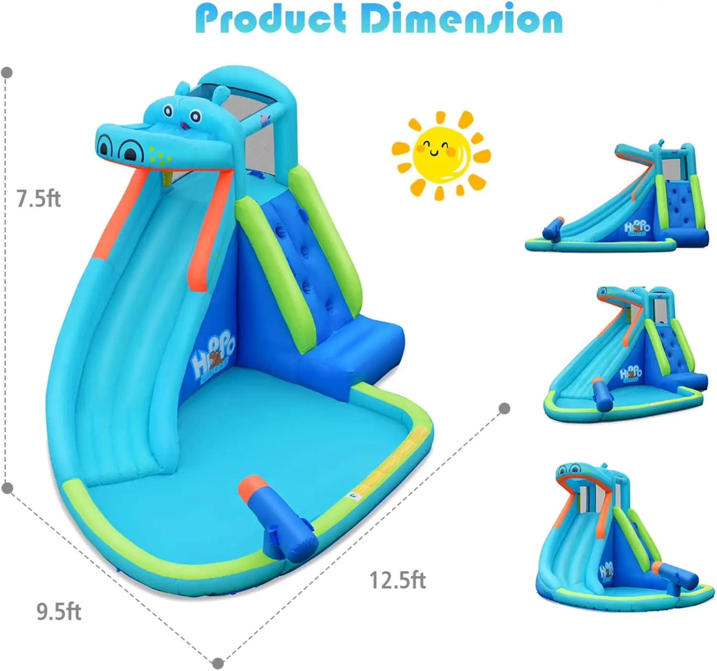 Inflatable Water Slide, Hippo Themed Kids Waterslide Park for Outdoor w/Long Slide&Splash Pool for Racing Fun, Blow up Toddler W