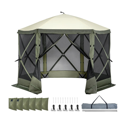 Pop Up Gazebo Tent Pop-Up Screen Tent 6 Sided Canopy Sun Shelter with 6 Removable Privacy Wind Cloths & Mesh Windows