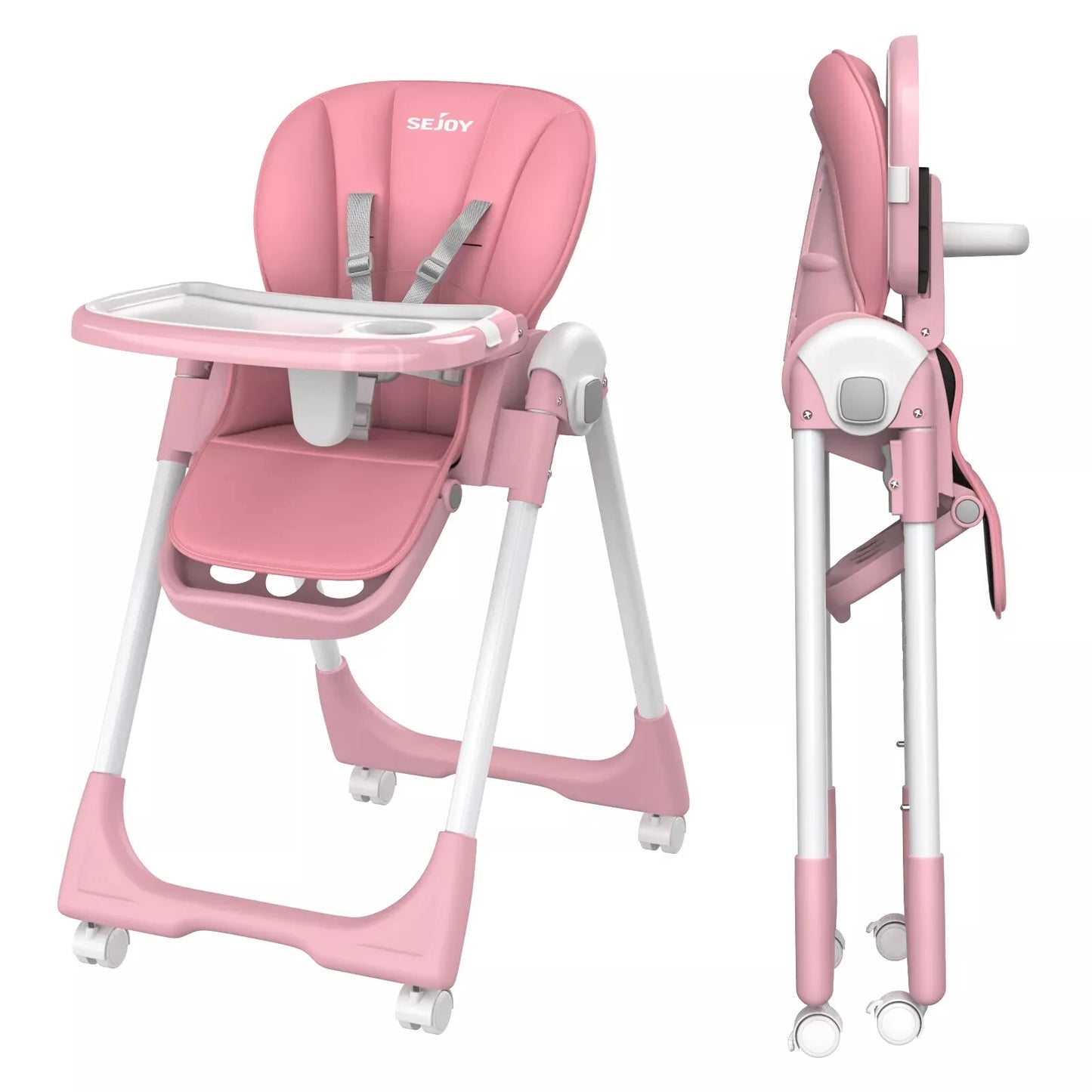 Baby High Chair Foldable Highchair Adjustable Backrest Double Removable Tray Detachable PU Leather Cushion High Chair