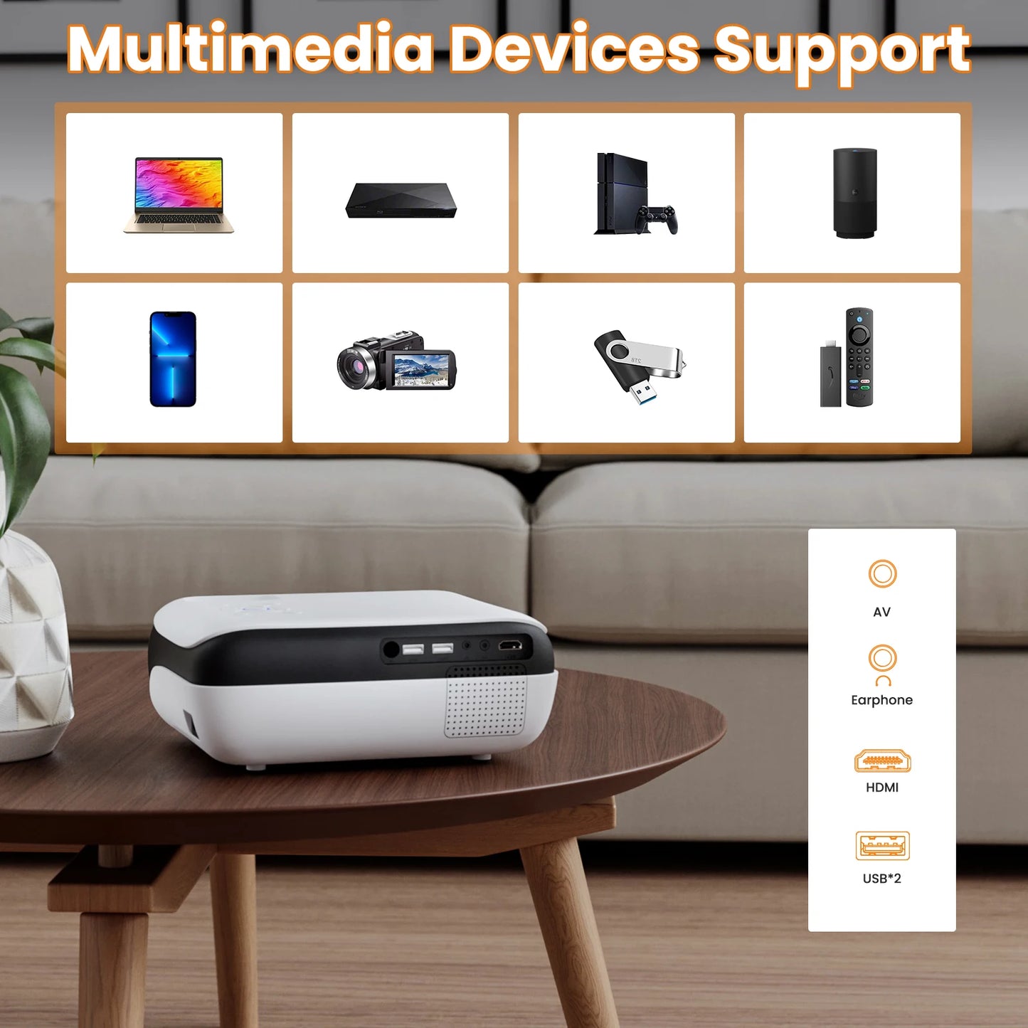 Projector, native 1080P Bluetooth projector, portable outdoor, full HD mini projector, home bedroom speaker