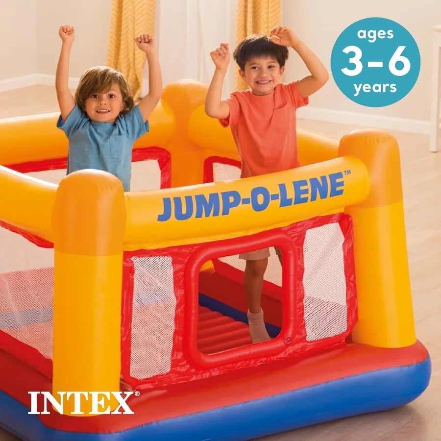 Inflatable Jump-O-Lene Trampoline Bounce House with Crawl-Thru Door Net - Ideal Indoor Outdoor Backyard Blow-Up Bouncy Pl