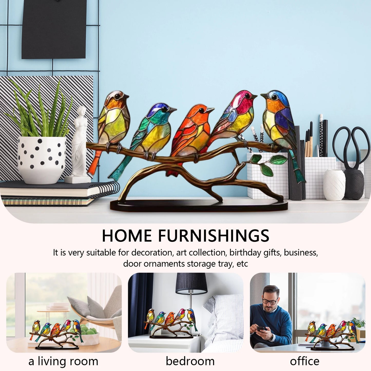 Acrylic Stained Birds Ornament Art Craft Desktop Birds Sculpture Collectibles Holiday Gifts Home Decor for Living Room Bedroom