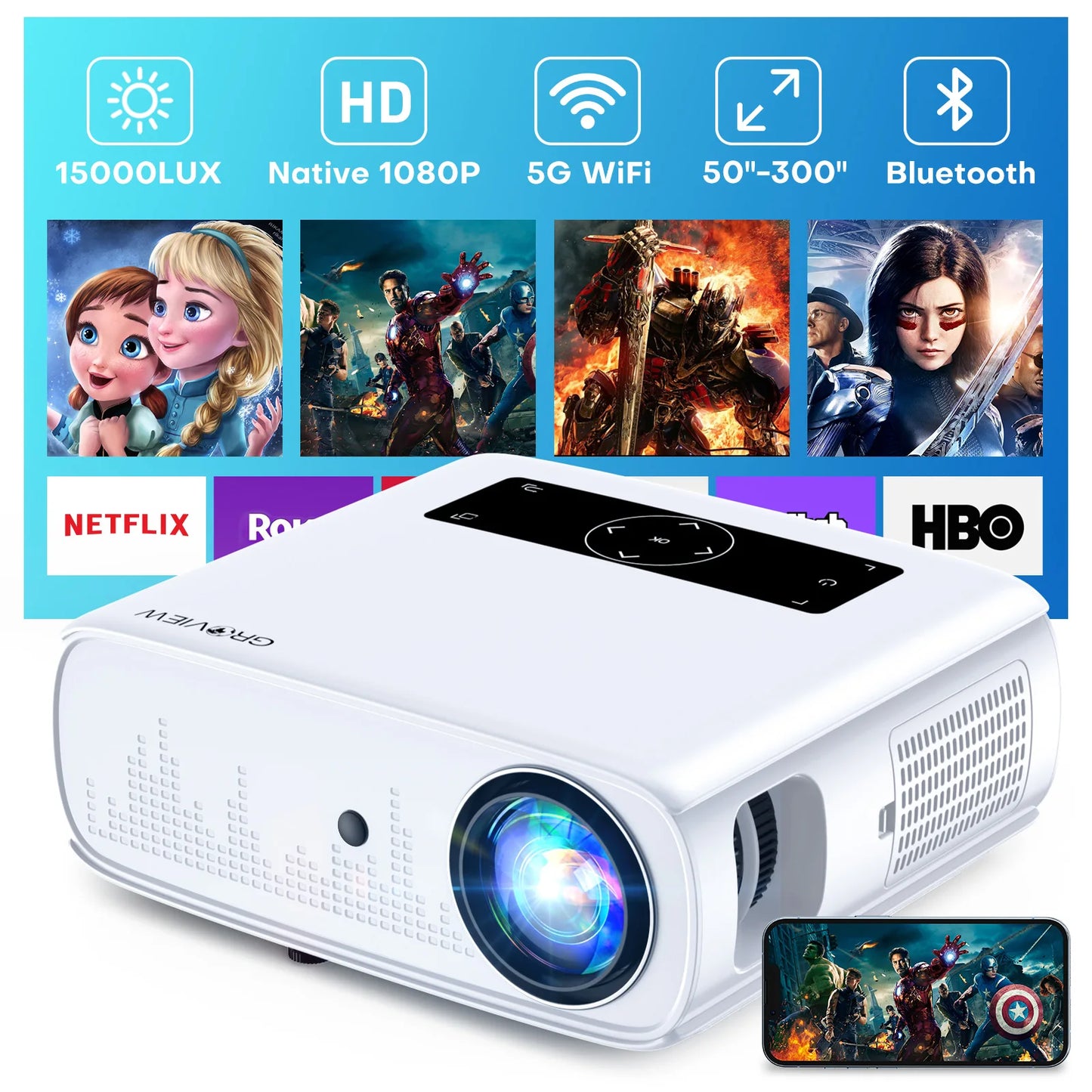 1080P Projector, 15000 Lux, 490 ANSI, WiFi/Bluetooth, 300'' Screen, 4K Support, Zoom, 5G Sync, HDMI/USB/AV/Smartphone
