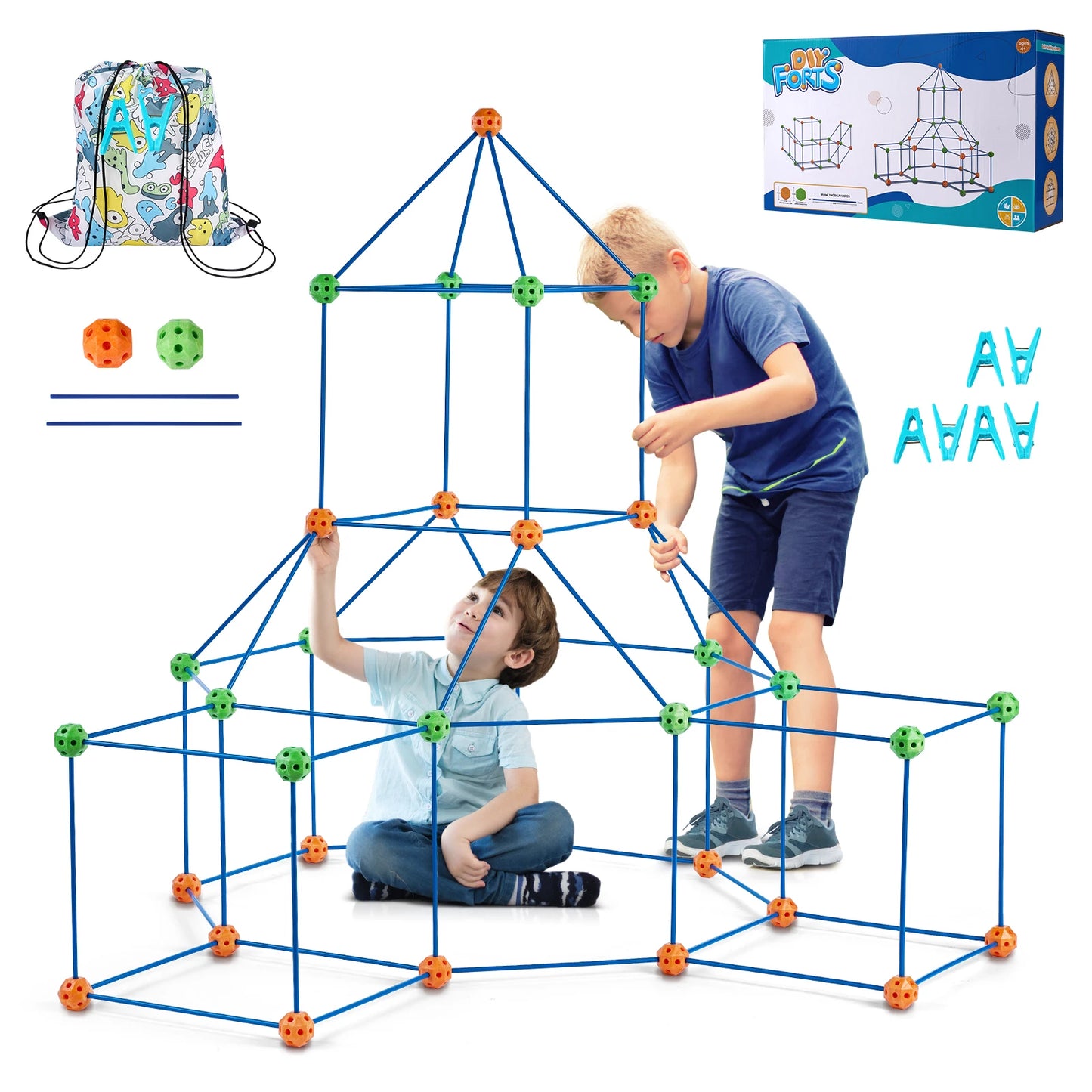 Fort Building Blocks Kids Creative Indoor Play Tent Brick Kit with 80 Rods 40 Balls for DIY Educational Castle Toys