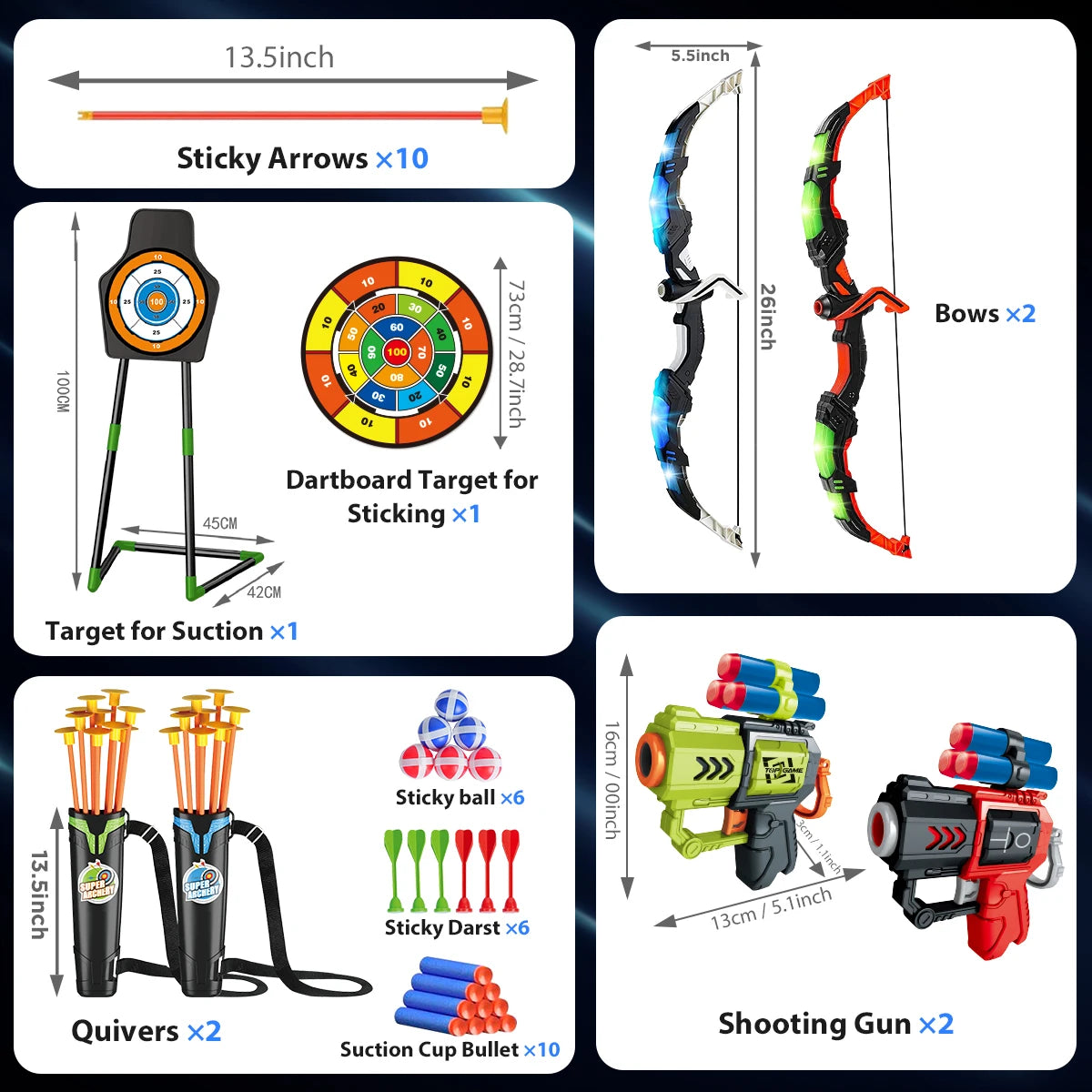 2X Bow Arrow + Guns Toy For Kids LED Light Up Archery with Suction Cup Stand Target Dart Board Indoor Outdoor Game Toys