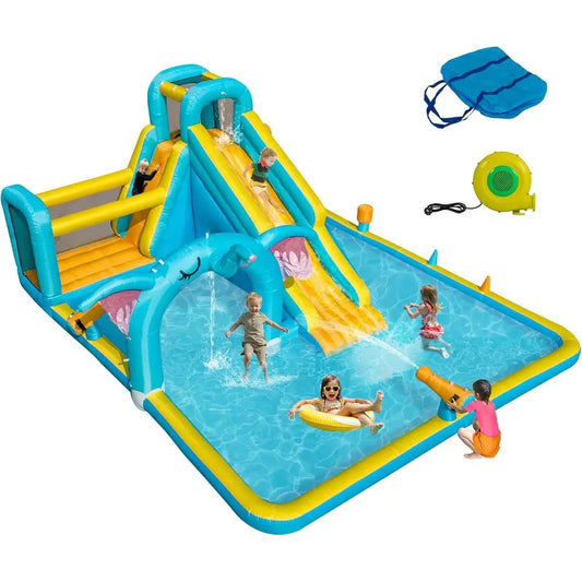 Iatable Water Slide for Kids, Elephant Theme Water Park Backyard Summer with Large Pool &Long Slides, Iatable Bounce House, Clim