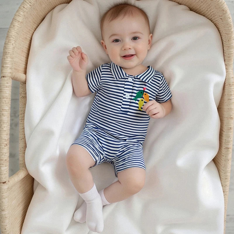 Infant Boys Rompers with Cute Animal Applique and Snap Closure Short Sleeve Summer Outfits Jumpsuits for Newborns