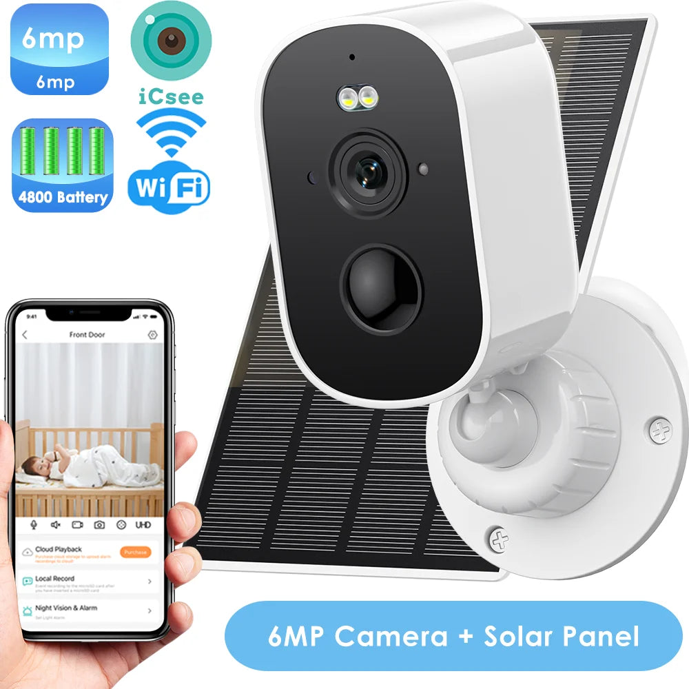 6MP Outdoor Solar Camera 3K HD Wireless WiFi Camera 4800mAh Battery PIR Motion Alarm Color Night Vision CCTV Camera ICSEE APP